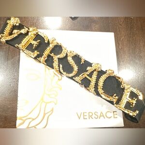 Versace Black and Gold Embellished Logo Belt
